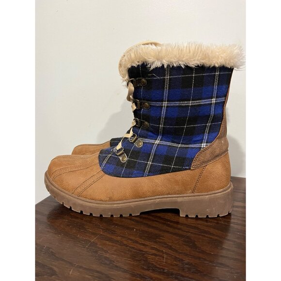 Plaid Lace-Up Winter Duck Boots w/ Faux Fur Lining Size 9 Brown & Blue - Picture 5 of 9